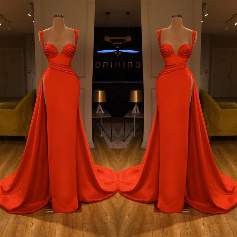 Beautiful Red Long Mermaid Straps Sweetheart Satin Prom Dress With Split-showprettydress