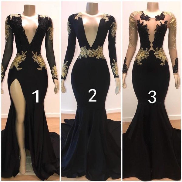 Beautiful V-Neck Long Sleevess Appliques Mermaid Floor-Length Prom Dresses-showprettydress