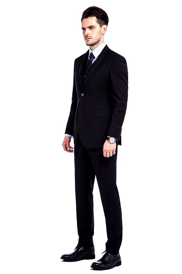 Bespoke Solid Black Three Piece Suits for Men-showprettydress