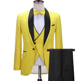 Bespoke Yellow One Button Three-piece Wedding Suit with Black Lapel-showprettydress