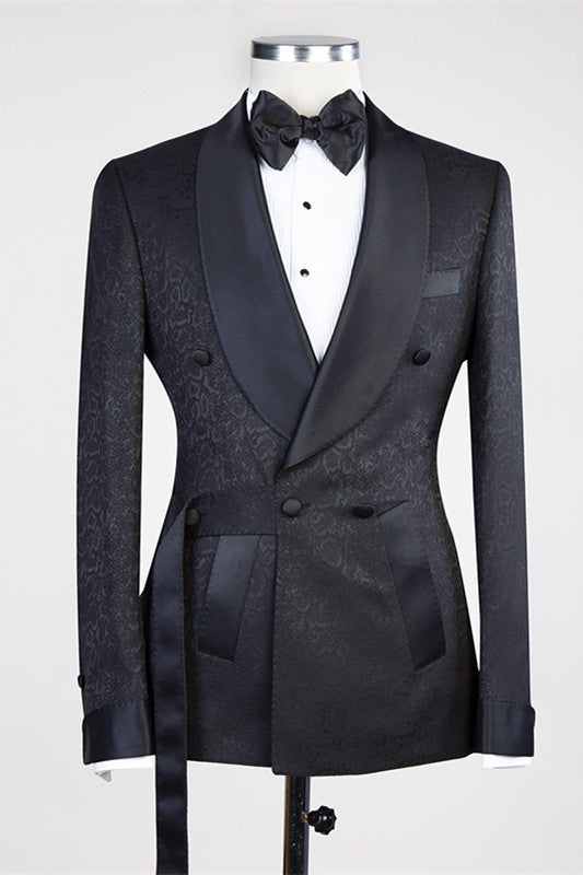 Black Double Breasted Shawl Lapel Jacuqard Wedding Suit-showprettydress