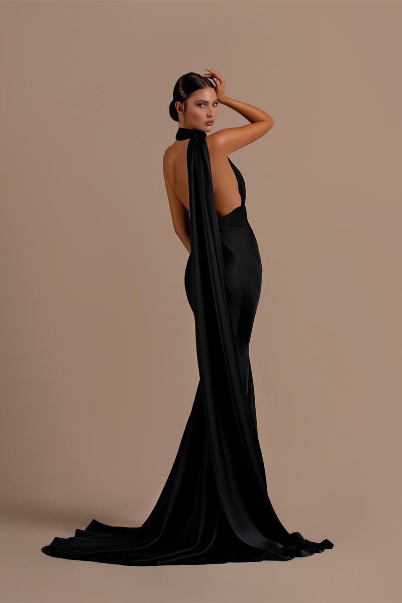 Black High Neck Mermaid Prom Dress with Open Back-Showprettydress