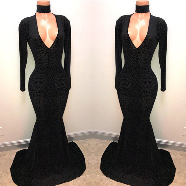 Black Lace V-Neck Prom Party Gowns| Mermaid Long-Sleeve Evening Gowns-showprettydress