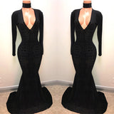 Black Lace V-Neck Prom Party Gowns| Mermaid Long-Sleeve Evening Gowns-showprettydress