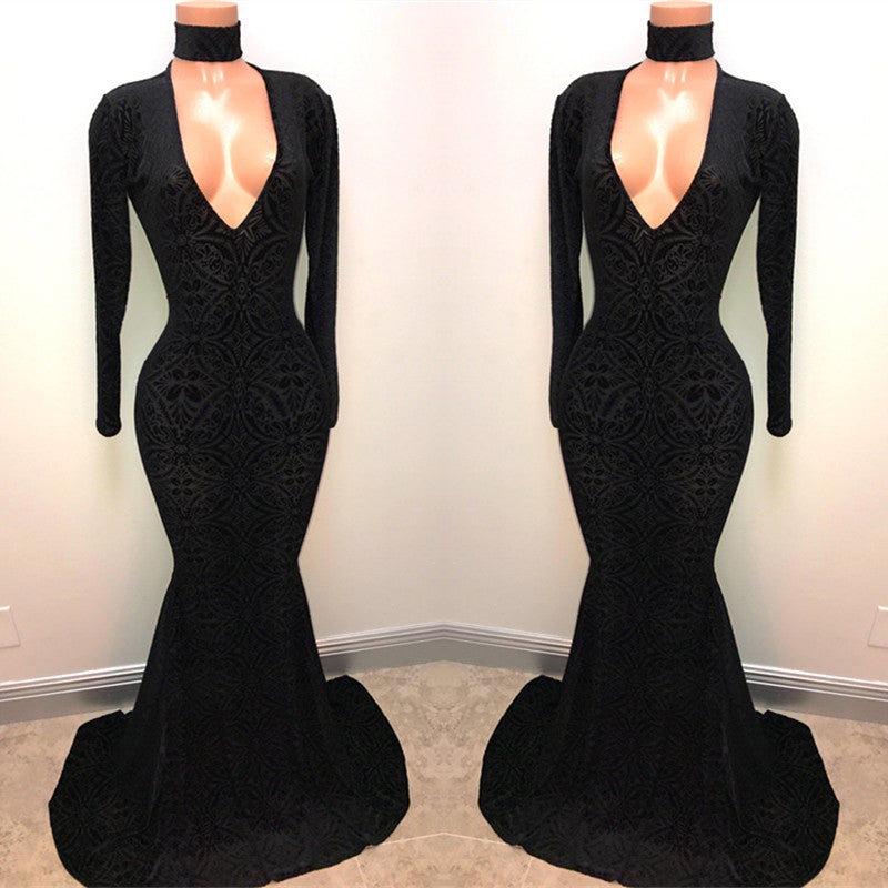 Black Lace V-Neck Prom Party Gowns| Mermaid Long-Sleeve Evening Gowns-showprettydress