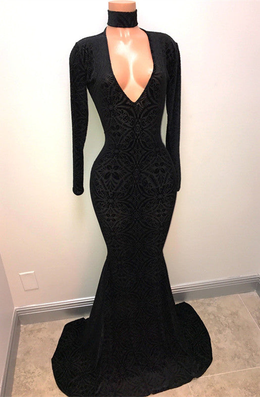 Black Lace V-Neck Prom Party Gowns| Mermaid Long-Sleeve Evening Gowns-showprettydress