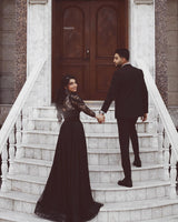 Black Long A-line Tulle Lace Wedding Dress with Sleeves-showprettydress