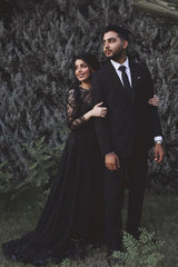 Black Long A-line Tulle Lace Wedding Dress with Sleeves-showprettydress