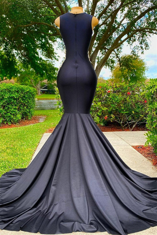 Black Long Mermaid V-neck Appliques Lace Sequined Open Back Prom Dress-showprettydress