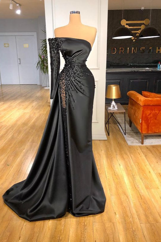 Black Long Sleeves One Shoulder Prom Dress Beadings Mermaid Evening Gowns-showprettydress