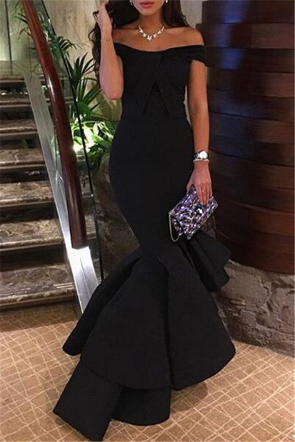 Black Off-the-Shoulder Mermaid Hi-Lo Tiered Prom Party Gowns-showprettydress