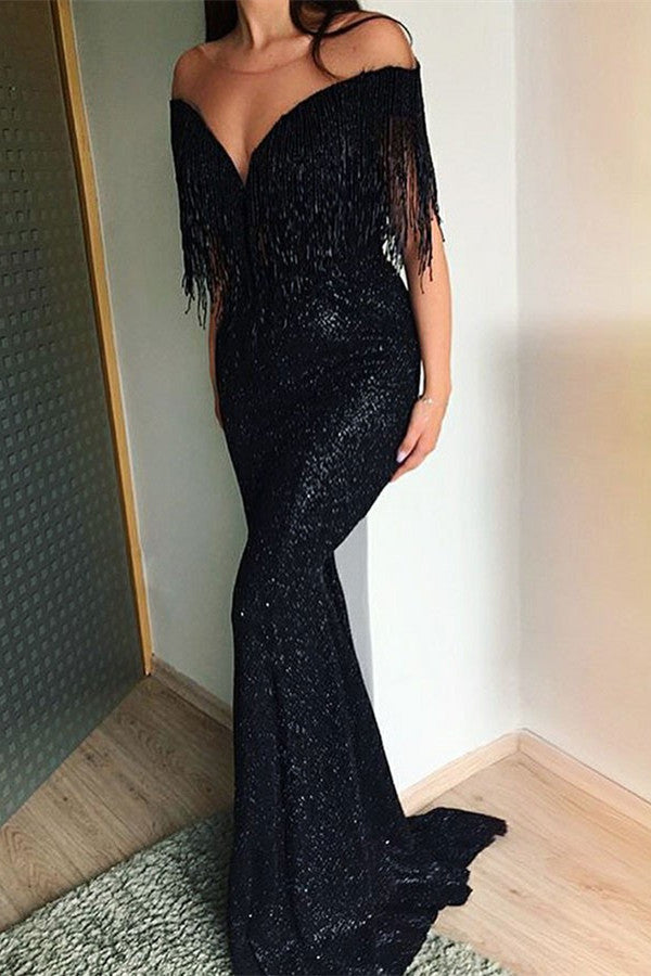 Black Sequins Mermaid Evening Gowns Tassels Sweep-Train Long Prom Dresses-showprettydress