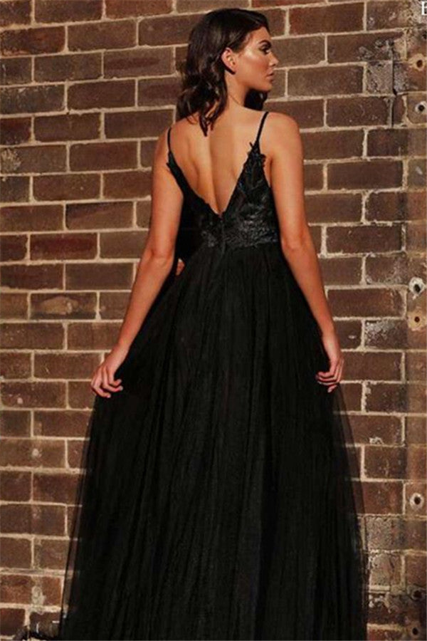 Black Spaghetti Straps Open Back Evening Gowns Chic Sleeveless Backless V-neck Formal Dresses With Slit-showprettydress