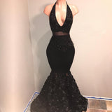 Black V-Neck Prom Party Gowns| Mermaid Evening Gown With Flowers Bottom-showprettydress