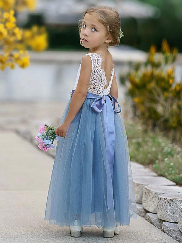 Blue Jewel Neck Sleeveless Sash Kids Party Dresses-showprettydress