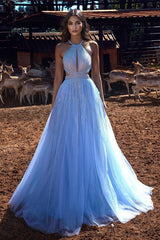 Blue Long A-line Halter Backless Prom Dress Tulle Evening Party Gowns-showprettydress