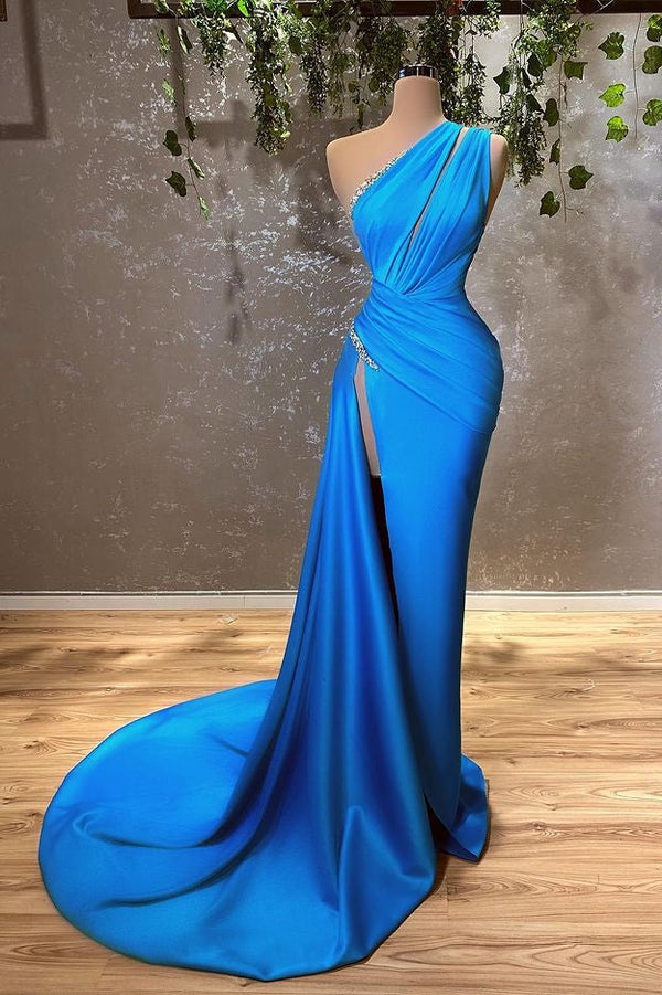 Blue Long One Shoulder Satin Mermaid Prom Dress With Split-showprettydress