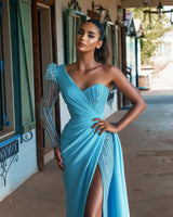 Blue Long Sleeve Mermaid One Shoulder Prom Dress Split With Sequins-showprettydress