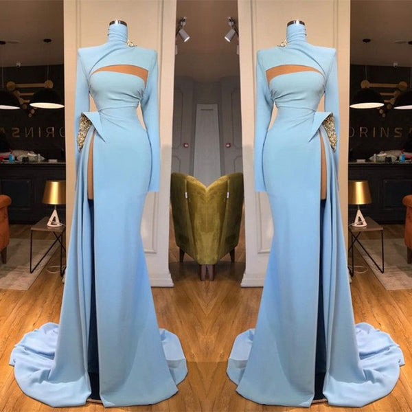 Blue Long Sleeves High Neck Mermaid Prom Dress Long With Slit-showprettydress