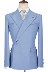 Blue Slim Fit Peaked Lapel Ruffles Designer Men's Prom Suits-showprettydress