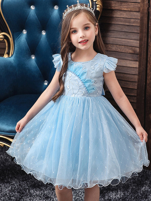 Blue Teenage Girls Dress Summer Children Party Elegant Princess Long Tulle Baby Girls Kids Lace Wedding Ceremony Dresses-showprettydress