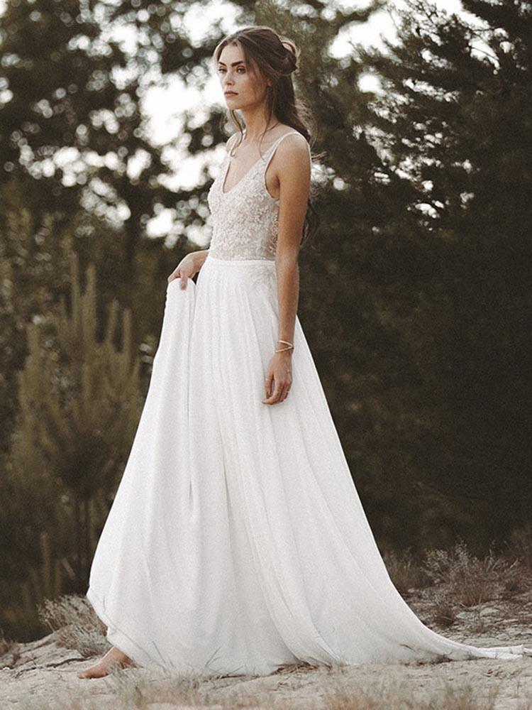 Boho Long A-line V Neck Lace Wedding Dresses-showprettydress