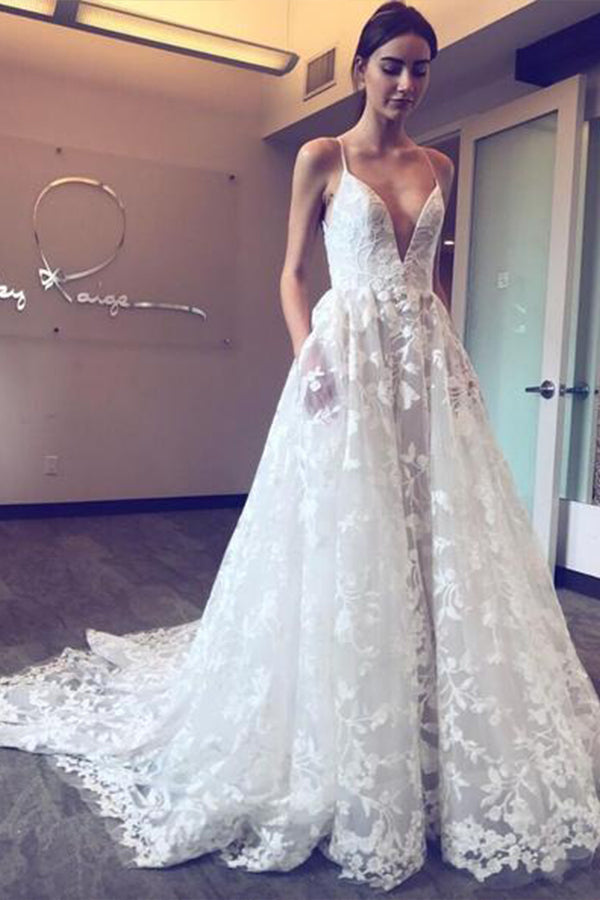 Boho Long A-line V-neck Spaghetti Strap Tulle Backless Wedding Dress with Pockets-showprettydress