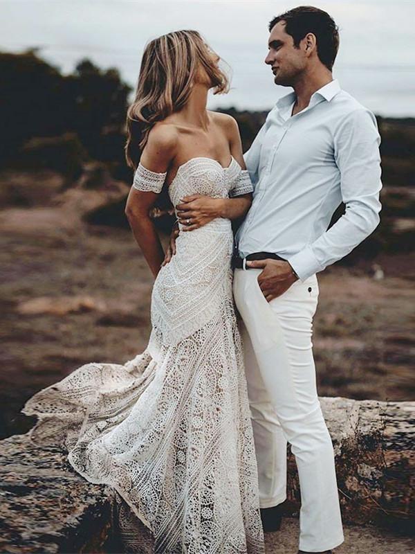 Boho Long Mermaid Sweetheart Lace Ivory Wedding Dresses-showprettydress