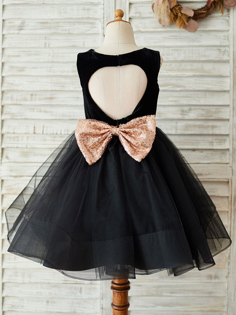 Bows Sleeveless Jewel Neck Black Formal Kids Party Dresses-showprettydress