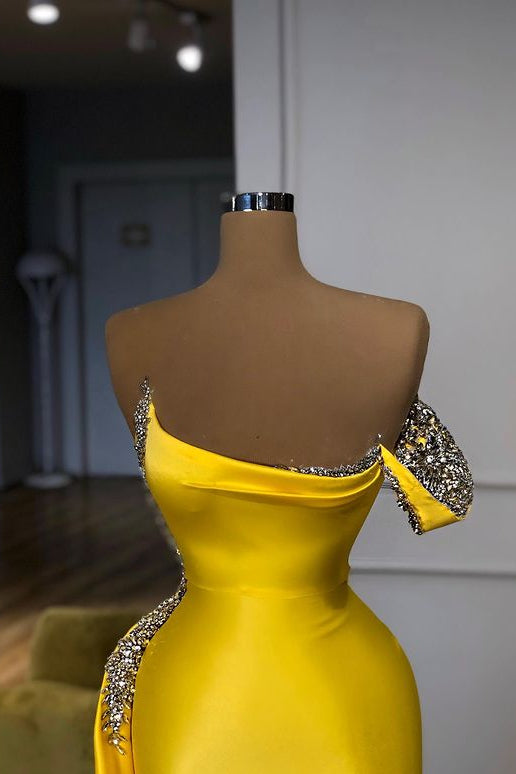 Bright Yellow Long Mermaid One shoulder Mentallic Sequins Overskirt Prom Dress-showprettydress