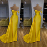 Bright Yellow Long Mermaid One shoulder Mentallic Sequins Overskirt Prom Dress-showprettydress