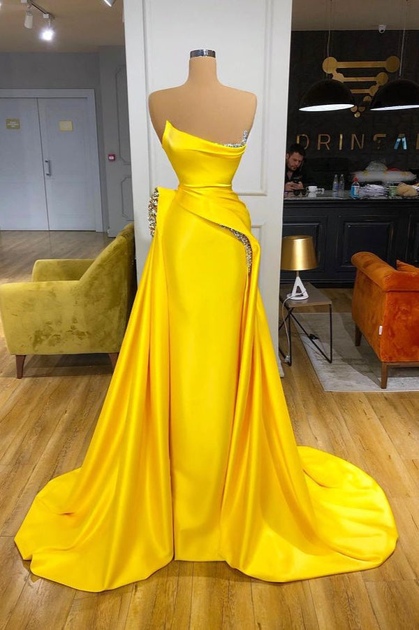 Bright Yellow Long Mermaid Strapless Metallic Sequin Overskirt Prom Dress-showprettydress