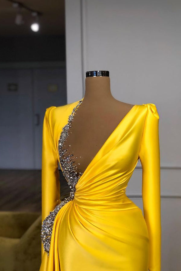 Bright Yellow Long Sleeves Mermaid V-neck Metallic Sequin Prom Dress-showprettydress