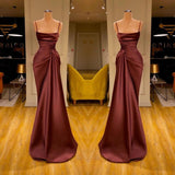 Burgundy Long Mermaid Spaghetti Straps Ruffles Prom Dress-showprettydress