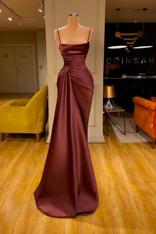 Burgundy Long Mermaid Spaghetti Straps Ruffles Prom Dress-showprettydress