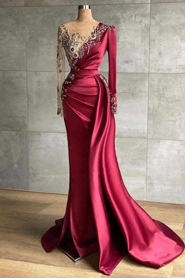 Burgundy Long Sleeves Mermaid Prom Dress With Beadings-showprettydress