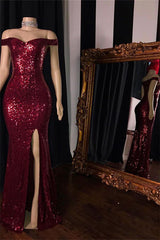 Burgundy Off-The-Shoulder Sequins Side-Slit Mermaid Prom Dresses-showprettydress