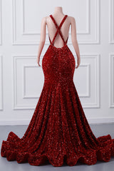 Burgundy Sequin Mermaid Silver Beaded Court Trian Prom Dresses-Showprettydress