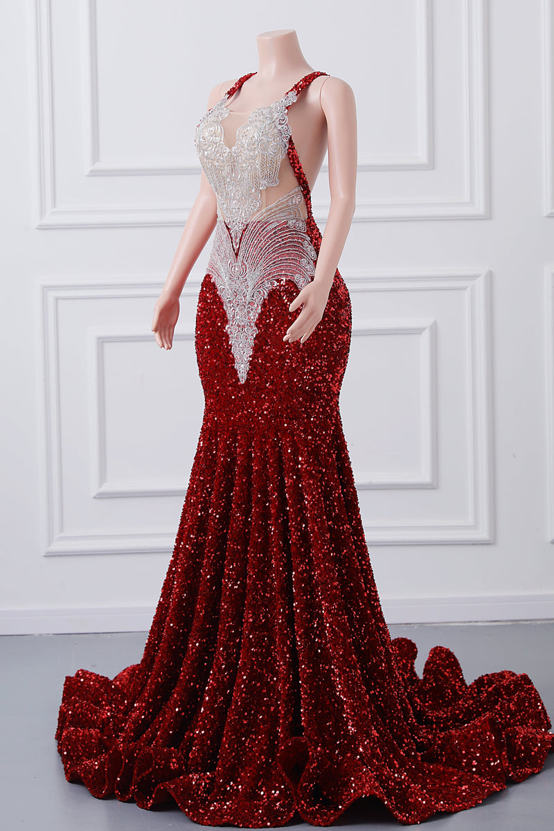 Burgundy Sequin Mermaid Silver Beaded Court Trian Prom Dresses-Showprettydress