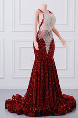 Burgundy Sequin Mermaid Silver Beaded Court Trian Prom Dresses-Showprettydress