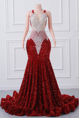 Burgundy Sequin Mermaid Silver Beaded Court Trian Prom Dresses-Showprettydress