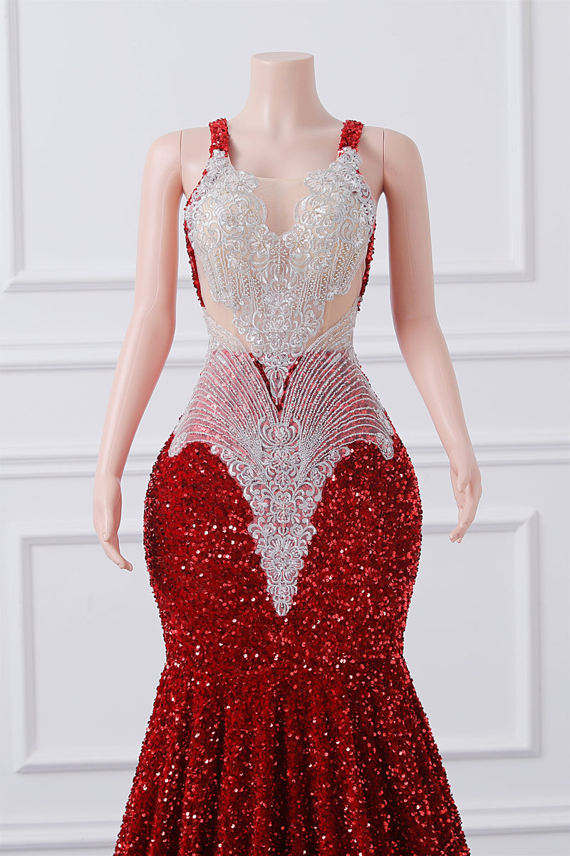 Burgundy Sequin Mermaid Silver Beaded Court Trian Prom Dresses-showprettydress