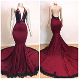 Burgundy V-neck Halter Appliques Long Mermaid Evening Dresses-showprettydress