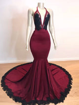 Burgundy V-neck Halter Appliques Long Mermaid Evening Dresses-showprettydress