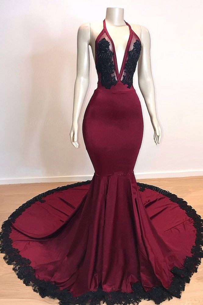 Burgundy V-neck Halter Appliques Long Mermaid Evening Dresses-showprettydress