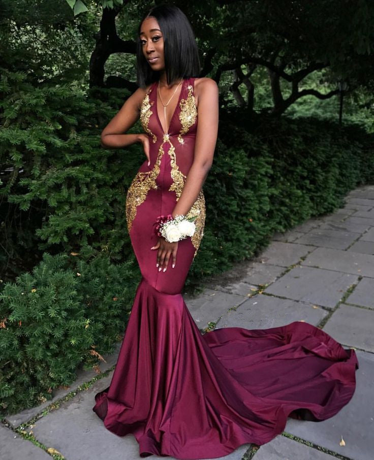 Burgundy V-Neck Prom Dress, Mermaid Evening Dress-showprettydress