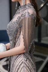 Cap sleeves High neck Sparkle Beads Long Prom Dresses On Sale-showprettydress