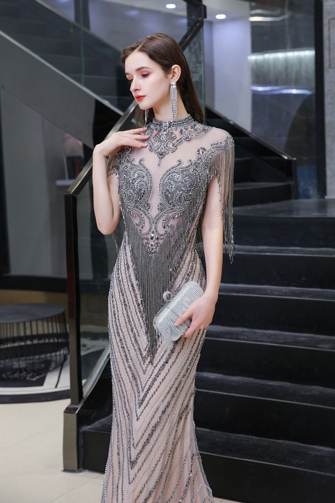 Cap sleeves High neck Sparkle Beads Long Prom Dresses On Sale-showprettydress