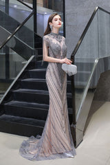 Cap sleeves High neck Sparkle Beads Long Prom Dresses On Sale-showprettydress