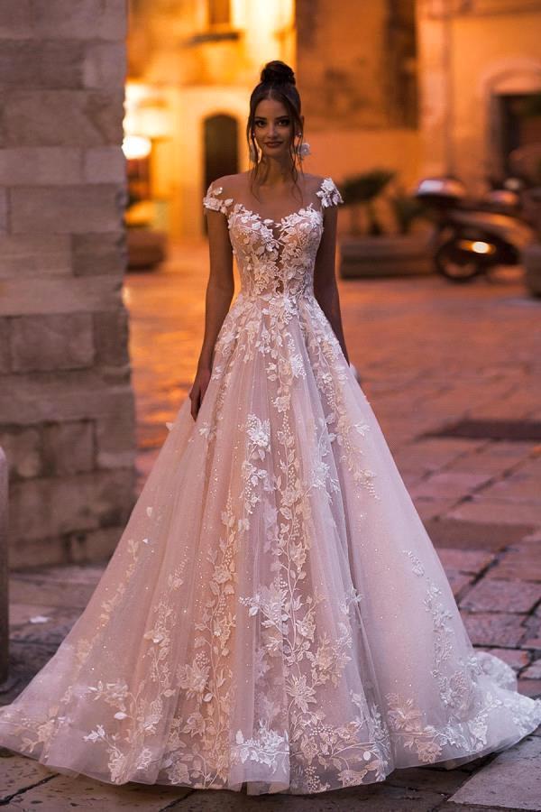 Cap sleeves Lace Sweetheart A-line Lace Flowers Wedding Dresses-Showprettydress